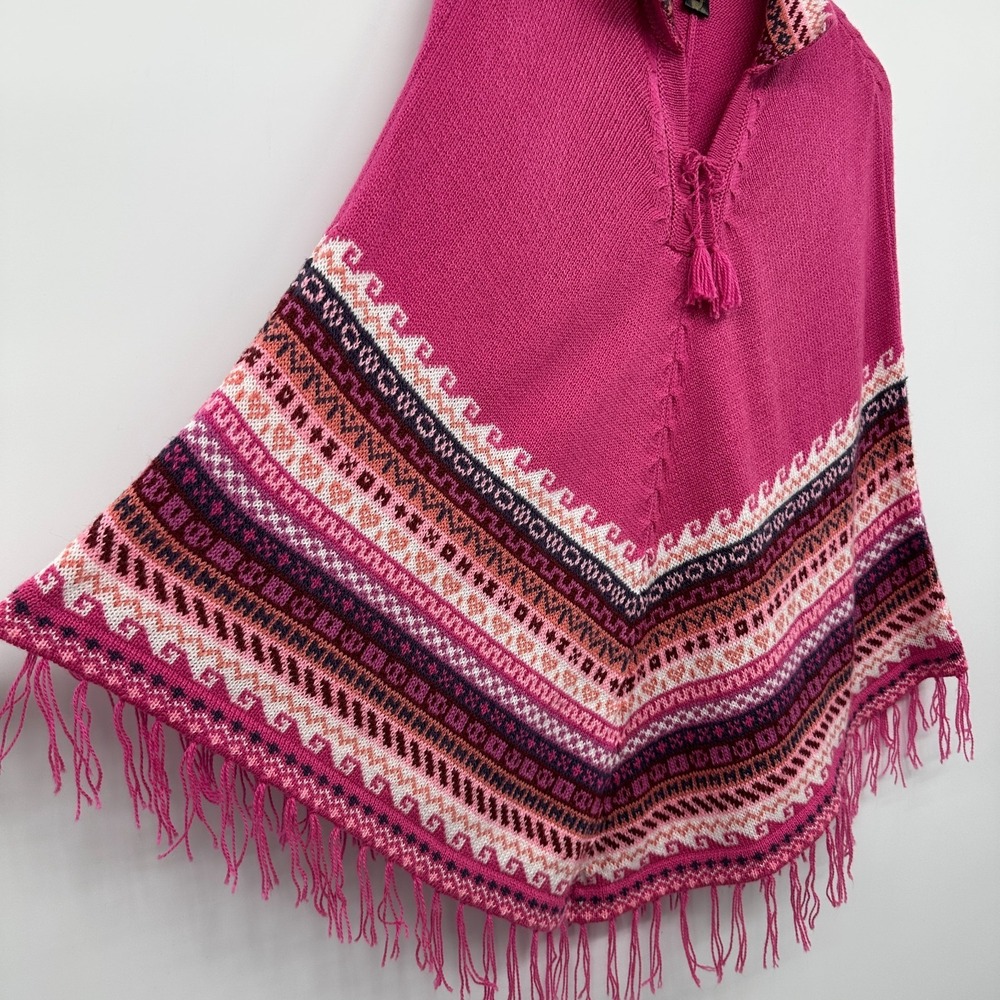 Alpaca Poncho Sweater Women One Size Fringe Made in Peru Nomadic Boho Artsy Pink - Picture 6 of 10